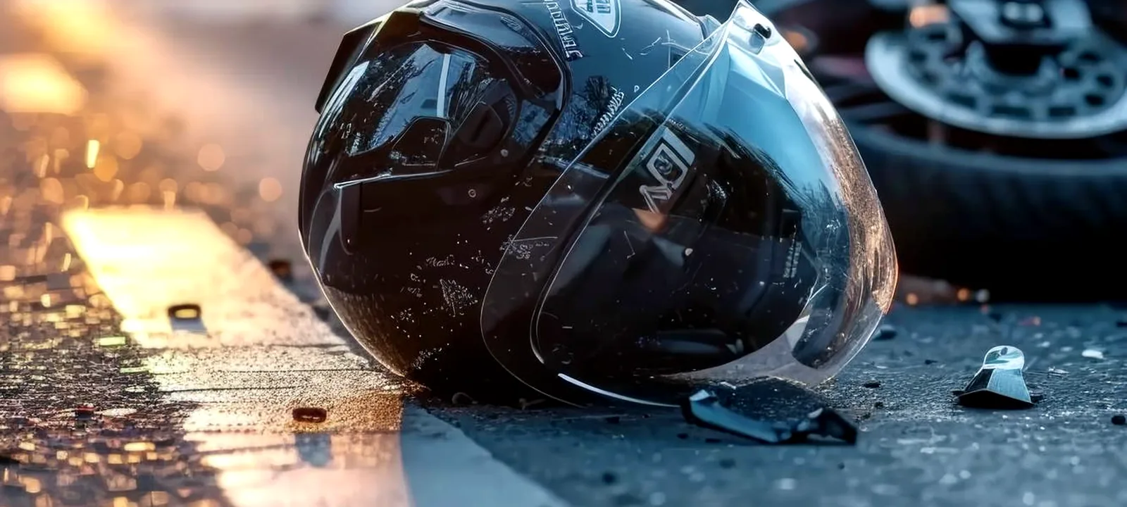 Capacete caído no asfalto após acidente de moto