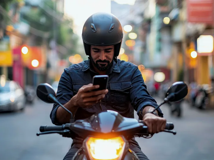 Motociclista de capacete parado na rua olhando o celular